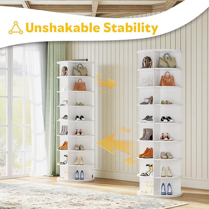 8 Tier Rotating Shoe Rack, Shoe Tower Organizer, Spinning Lazy Susan Display Storage Rack Round Carousel Vertical Handbag Closet (White, 23.6’’×23.6’’×72’’)