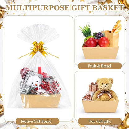 AFOROEOA 10PACK Baskets For Gifts Empty, 10 x 8”Thick Kraft Gift Basket with 10 Clear Gift Bags and 10 Pull Bows, Empty Gift Baskets for Christmas, Thanksgiving Wedding Birthday Party Wrapping Gift