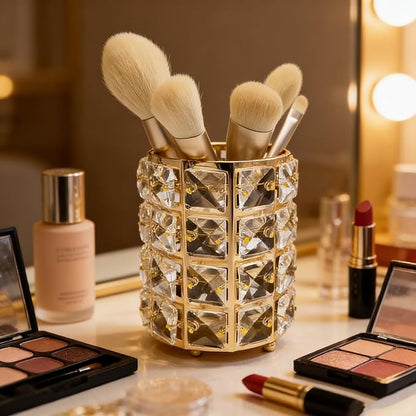 Makeup Brush Holder Organizer Crystal Bling Cosmetic Storage Box for Brushes, Combs & Pens, Candle Holder Container（Gold）