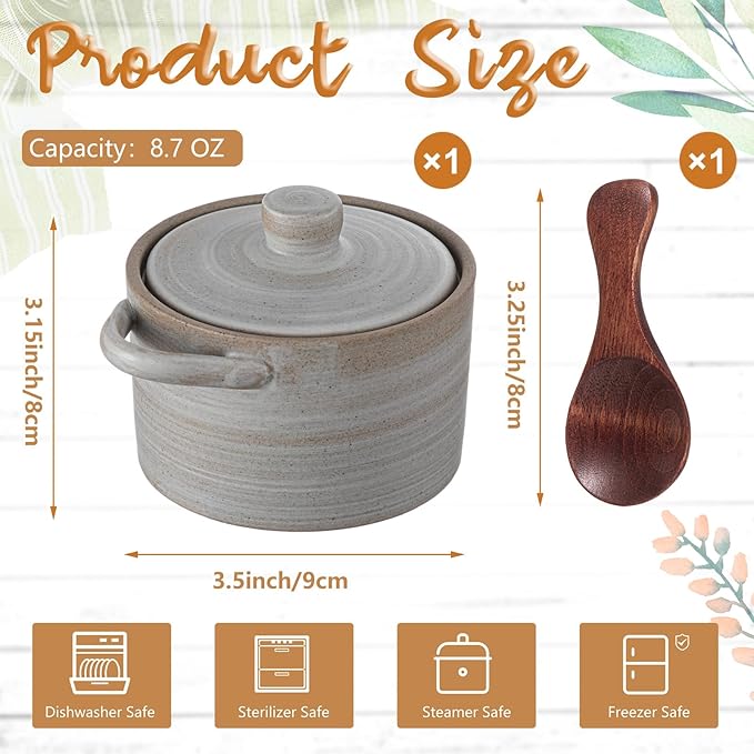 Honeydak Speckled Ceramic Salt Cellar with Lid and Wooden Spoon, Rustic Farmhouse Salt Pepper Cellar Holder for Mothers Day, Housewarming Gift, Heavyweight Spices Jar(Threaded Gray,1 Set)