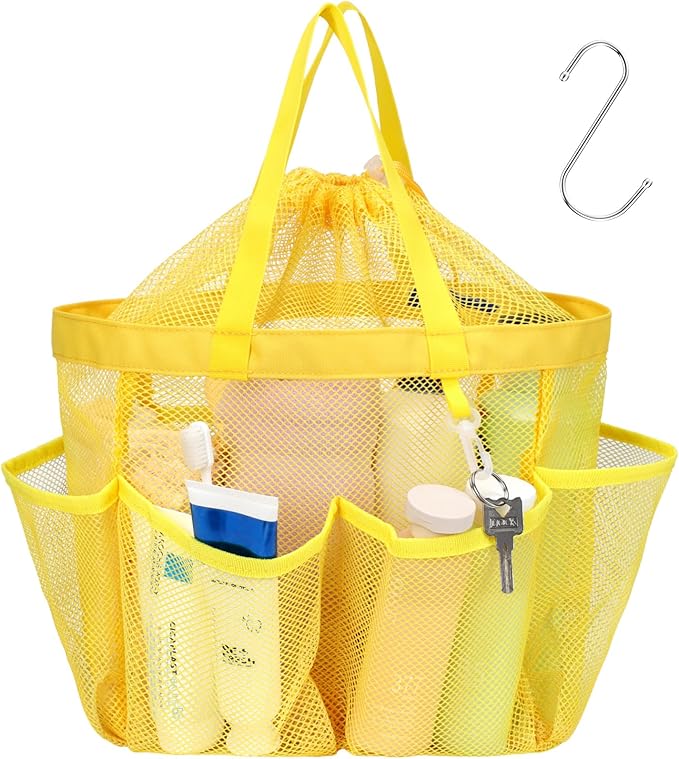 F-color Mesh Shower Caddy Portable with Drawstring - Large 8 Pockets Dorm Room Essentials for Guys Girls with S Hook, Shower Bag Basket Tote for College Camping Gym Travel Toiletry Bathroom, Yellow