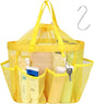 F-color Mesh Shower Caddy Portable with Drawstring - Large 8 Pockets Dorm Room Essentials for Guys Girls with S Hook, Shower Bag Basket Tote for College Camping Gym Travel Toiletry Bathroom, Yellow