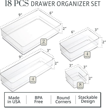 STORi SimpleSort 18-Piece Stackable Clear Drawer Organizer Set | Multi-size Trays | Makeup Vanity Storage Bins and Office Desk Drawer Dividers | Made in USA