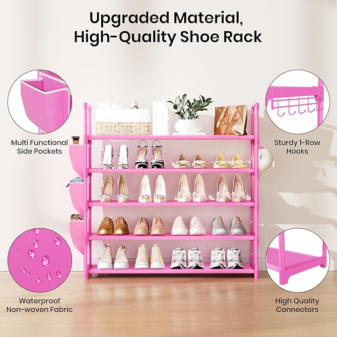 VILICK Shoe Rack for Closet Shoe Organizer Space Saver Storage for 20-25 Pair Shoe Shelf with Hook and Side Pocket Free Standing 5 Tier Shoe Rack Organizer for Entryway,Small Spaces, Pink