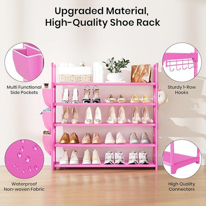 VILICK Shoe Rack for Closet Shoe Organizer Space Saver Storage for 20-25 Pair Shoe Shelf with Hook and Side Pocket Free Standing 5 Tier Shoe Rack Organizer for Entryway,Small Spaces, Pink