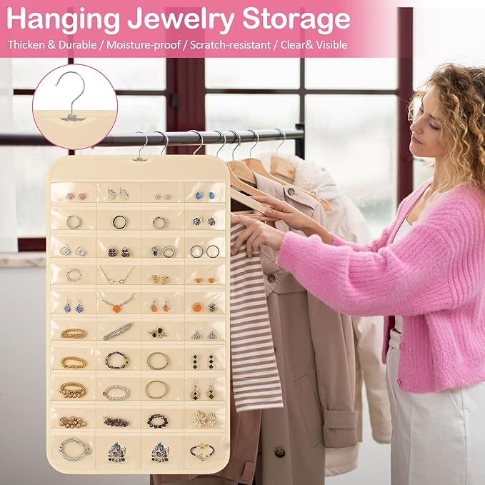 2 Pack Hanging Jewelry Organizer, 80 Clear Pockets earring organizer and storage, Accessories holder organizer for Closet, Jewelries, Necklace, Travel