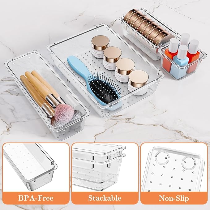 SpaceHacks 25 PCS Plastic Drawer Organizer Set, 4-Size Versatile Organizer Trays & Storage Bins for Makeup, Jewelry, and Gadgets in Bathroom, Bedroom and Office,Clear White