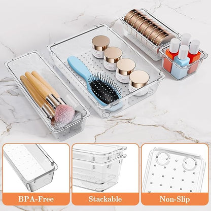SpaceHacks 25 PCS Plastic Drawer Organizer Set, 4-Size Versatile Organizer Trays & Storage Bins for Makeup, Jewelry, and Gadgets in Bathroom, Bedroom and Office,Clear White