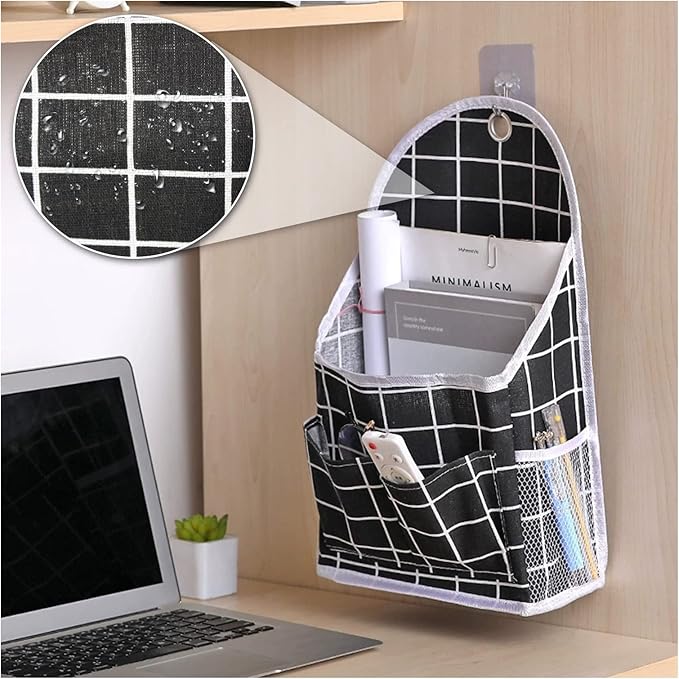 FuninCrea Wall Hanging Storage Bag, Black and White Checkered Linen Organizer Wall Mounted Punch-Free Over The Door Storage Pouch with 6 Storage Pockets and 1 Hanging Hook (Black)
