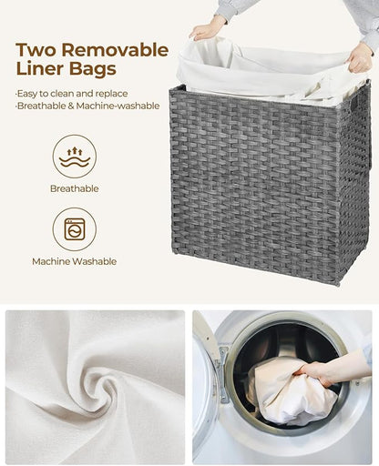 Greenstell Laundry Hamper with Lid, 125L Laundry Basket with 2 Removable Liner Bags & 2 Mesh Bags, Handwoven Synthetic Rattan Clothes Hamper for Clothes, Toys in Bathroom, Bedroom, Foldable, Grey