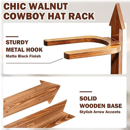 Cowboy Hat Holder for Wall, Wooden Rustic Farmhouse Hook Rack- Holds up to 4 hats(Brown)