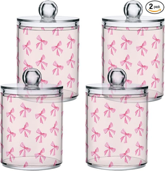 Milk Cow Qtip Holder with Lid 2PCS Apothecary Jars Storage Containers, Clear Plastic Canister for Cotton Swab,Floss Picks, Cosmetics (Pink Bow, one sizex4)