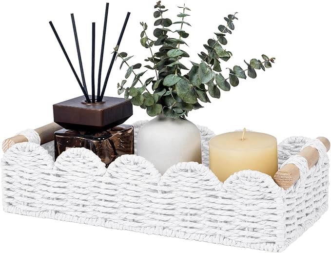 CubesLand Toilet Paper Storage Basket Organizer, Small Wicker Toilet Tank Top Decorative Baskets for Countertop, Handwoven Scalloped Basket w/handle for Home Decor, Living Room, Bedroom, White