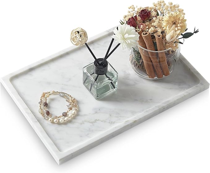 Real Luxurious Natural Marble Tray - 12x8 Inch Marble Vanity Tray for Perfume Display, Jewelry Organizer, Bathroom & Home Decor -Heavy Duty Non-Slip Stone Tray (Non-Resin/Non-Ceramic)