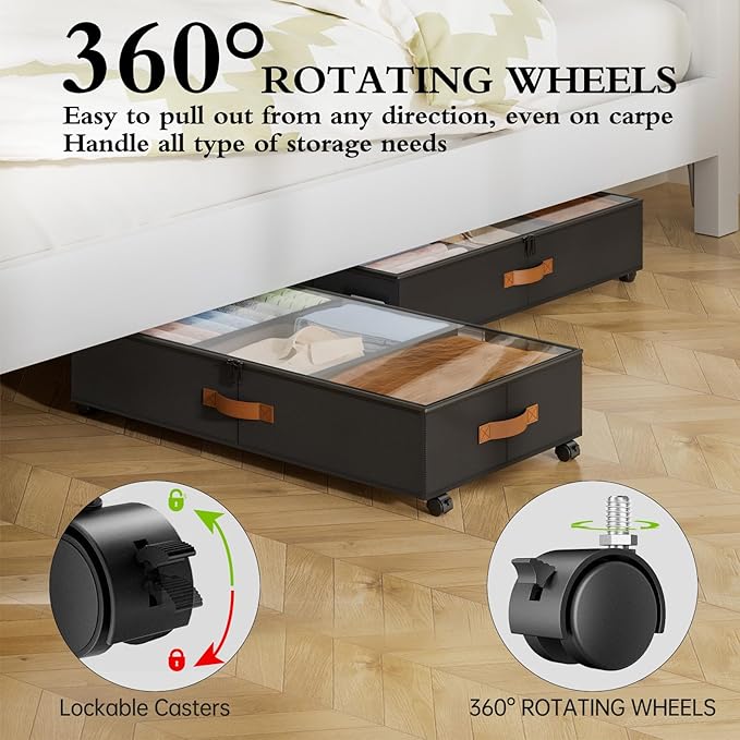Yecaye Under Bed Storage with Wheels, 2 Pack Under Bed Storage Containers with Adjustable Dividers & Clear Window, Rolling Underbed Organizer Bins Drawers for Clothes, Shoes, Blankets, Black