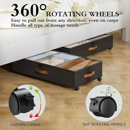 Yecaye Under Bed Storage with Wheels, 2 Pack Under Bed Storage Containers with Adjustable Dividers & Clear Window, Rolling Underbed Organizer Bins Drawers for Clothes, Shoes, Blankets, Black