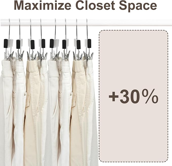 BAGAIL 20 Pack Wooden Pants Hangers with Adjustable Clips, 360°Swivel Hook Space Saving Skirt Holders with Anti-Rust Clips for Trousers, Jeans, Shorts (Black)