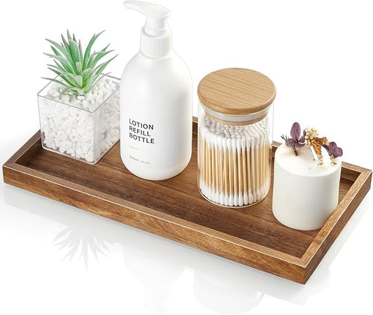 ALELION 11.7" Bathroom Vanity Tray for Counter - Acacia Wood Decorative Tray for Toilet Tank Makeup Perfume Jewelry Catchall Coffee Table - Wooden Kitchen Countertop Organizer for Soap Dispenser