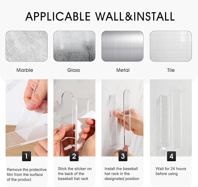 Yosoo Baseball Hat Rack, Sturdy Acrylic Wall Mounted Hat Hook for Bedrooms, Living Room, Easy Installation (Transparent)