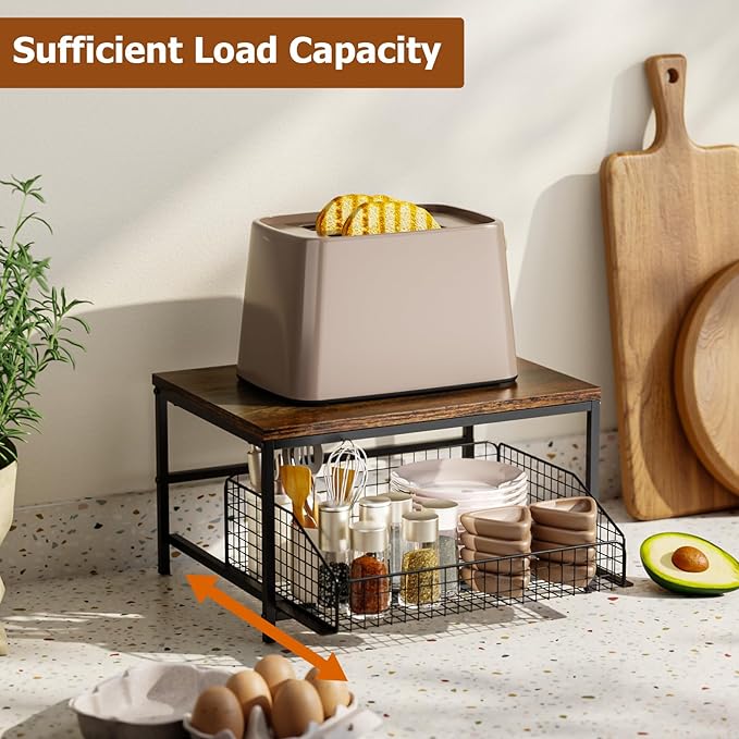 KLM Pull Out Spice Rack Organizer for Cabinet,Rustic Wood Top with Wire Basket Storage,Kitchen Countertop Organizer and Storage for Pantry, Counter top,Coffee Station Wood. (Brown)