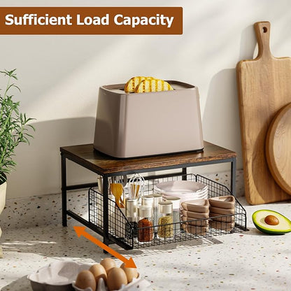 KLM Pull Out Spice Rack Organizer for Cabinet,Rustic Wood Top with Wire Basket Storage,Kitchen Countertop Organizer and Storage for Pantry, Counter top,Coffee Station Wood. (Brown)