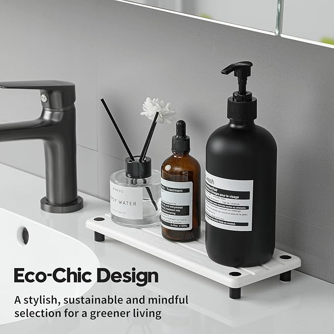 Razborci Instant Dry Sink Caddy Kitchen Sink Organizer, Quick Drying Diatomaceous Earth Stone Sink Tray Sponge Holder Soap Dish, Bathroom Countertop Vanity Dispenser Toothbrush Bottle, White, 10" x 4"