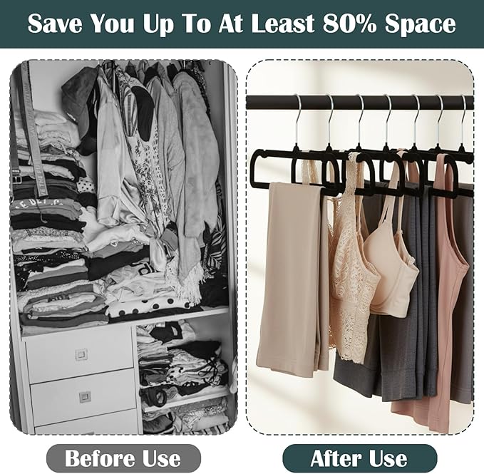 30 Pack Black Velvet Pants Hangers Non Slip, Space Saving Slim Clothes Hanger with 30 Hooks, Strong Durable Flocked Hanger with 360° Swivel Hook for Closet, Jeans, Shirts, Bras, Shorts