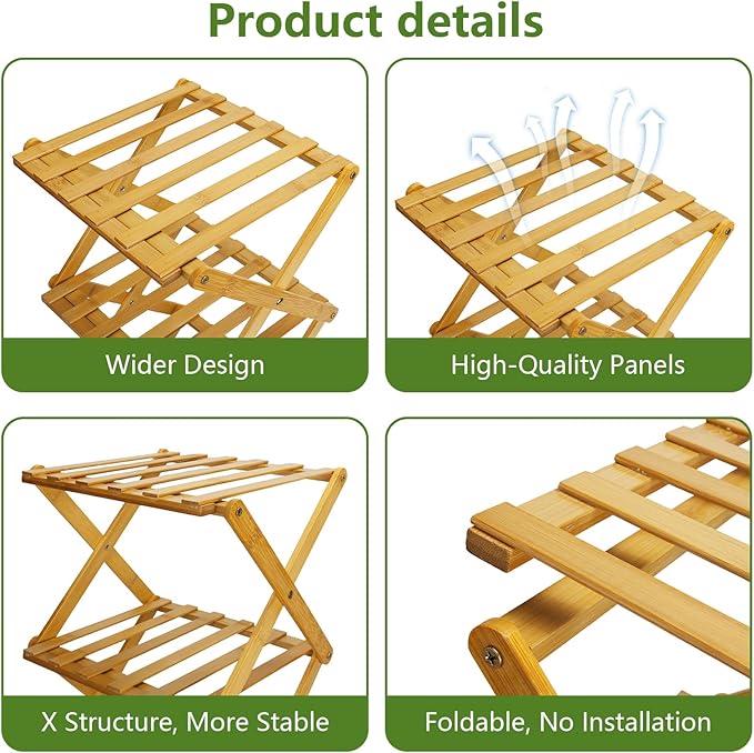 Narrow Shoe Rack, Foldable Bamboo Shoes Shelf for Small Spaces, Multifunctional Vertical Shoe Organizer Tall for Entryway, Closet, Corner, Bedroom, Hallway (Wood Color, 7 Layers)