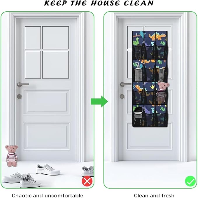 Over the Door Organizer with 12 Mesh Pockets, Space Saving Hanging Storage for Bedroom, Bathroom, Pantry, Clear View Window & Reinforced Mesh Pockets,Dinosaur
