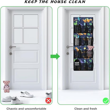Over the Door Organizer with 12 Mesh Pockets, Space Saving Hanging Storage for Bedroom, Bathroom, Pantry, Clear View Window & Reinforced Mesh Pockets,Dinosaur