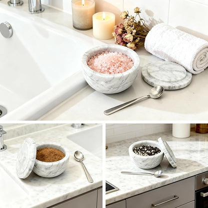 Marble Salt Shaker, Salt Shakers for Kitchen, Salt and Pepper Shaker（Lid And Spoon）, Sugar Bowl, Suitable for Salt and Pepper, Coffee Beans and kitchen counter decor,Cloudy White（NS048）