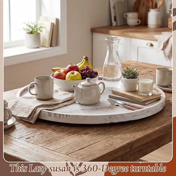 20'' Wood Lazy Susan for Countertop Acacia Large Turntable Rotating Serving Tray for Table Top Non Skid Kitchen Tray Revolving Condiment Spice Rack Table Organization Storage, White
