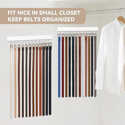 Belt Hanger Wall Mount, Wooden Closet Belt Organizer with 24 Metal Hooks, Large Capacity, White, 2 Pcs