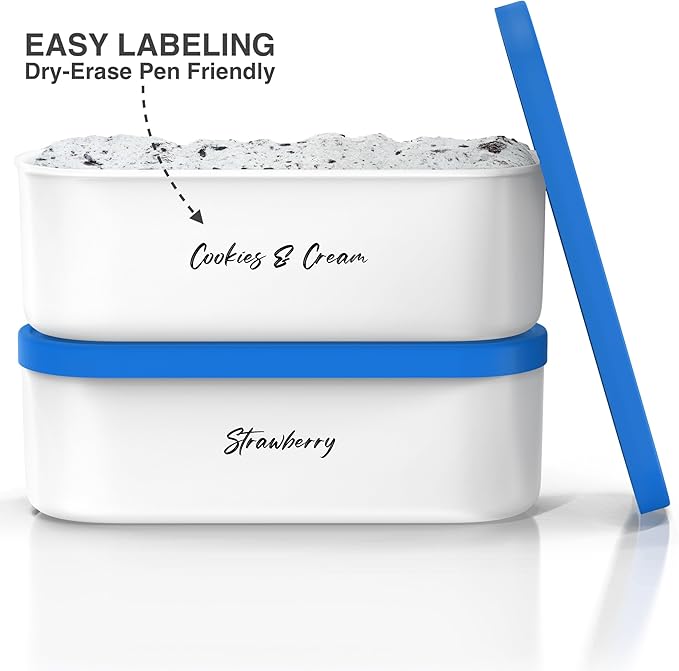 BALCI Ice Cream Containers - 2 Quart Ea. (Set of 2) - Premium Reusable Freezer Storage for Homemade Ice Cream Tub for Sorbet, Frozen Yogurt - Flexible Silicone Lids, Long Scoop, Stackable - Blue