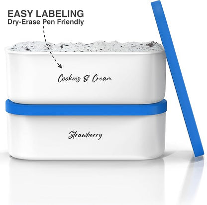 BALCI Ice Cream Containers - 2 Quart Ea. (Set of 2) - Premium Reusable Freezer Storage for Homemade Ice Cream Tub for Sorbet, Frozen Yogurt - Flexible Silicone Lids, Long Scoop, Stackable - Blue