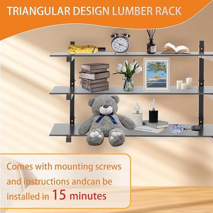 Lumber Rack Wall Mount, Heavy Duty Wood Storage Racks, 9-Level System Garage Shelving, 1080 Lbs Capacity Organizer Shelves, Folding Orange Brackets, 6 Pack Hanging Metal Shelf for Indoor and Outdoor