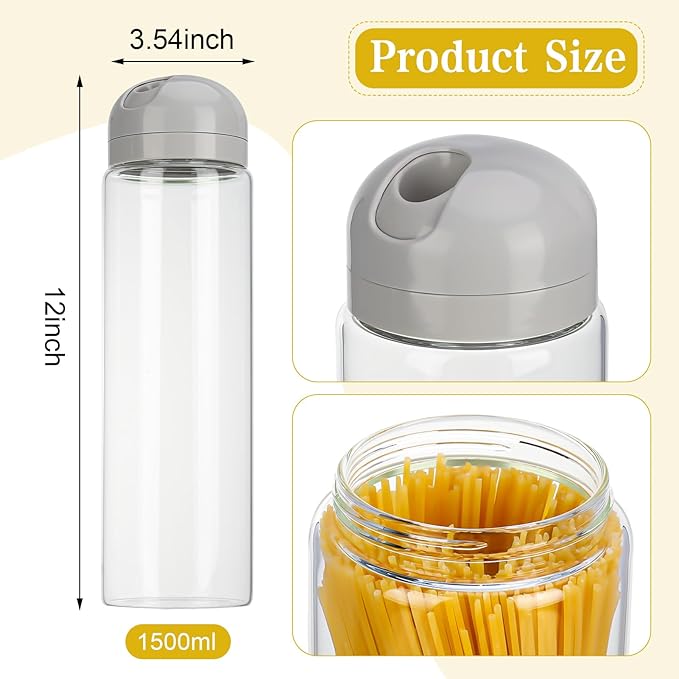 Glass Spaghetti Pasta Storage Container with Lids, Glass Food Storage Jar for Spaghetti, Clear Airtight Food Storage Kitchen Canister for Pasta, Noodles, Nuts, Flour, Cereal