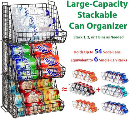 Stacking Can Dispensers 3 Tier with 3 Divider, Large Pantry Can Organizer, Beverage Drink Pop Soda Can Storage Basket, Can Holders for Pantry, Canned Food Rack Wire Bins for Kitchen Cabinet (3-Pack)