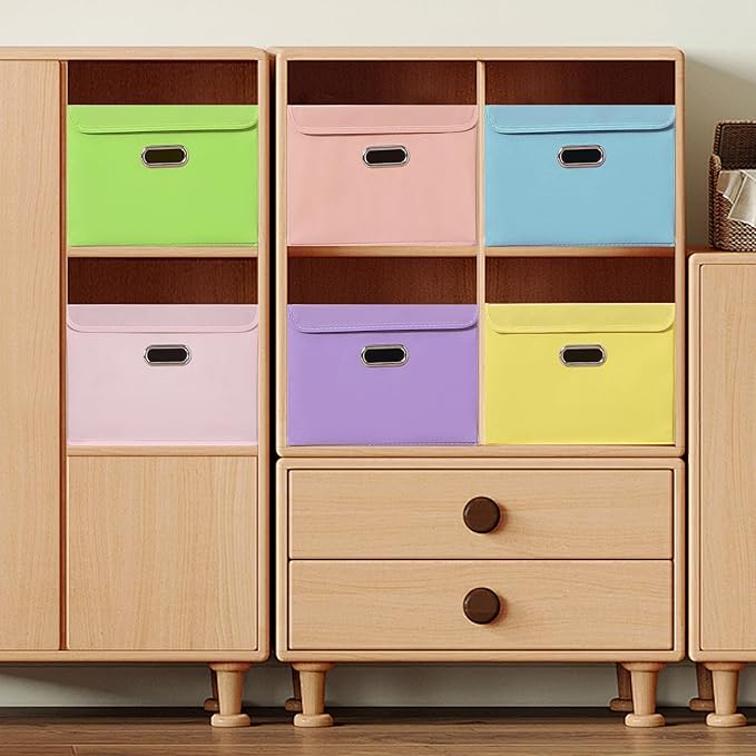STOREONE Fabric Storage Cube Bins Foldable Organizer Container Collapsible Basket with Lids and Metal Handles, for Home, Bedroom, Closet 6 Pcs (multicolour)
