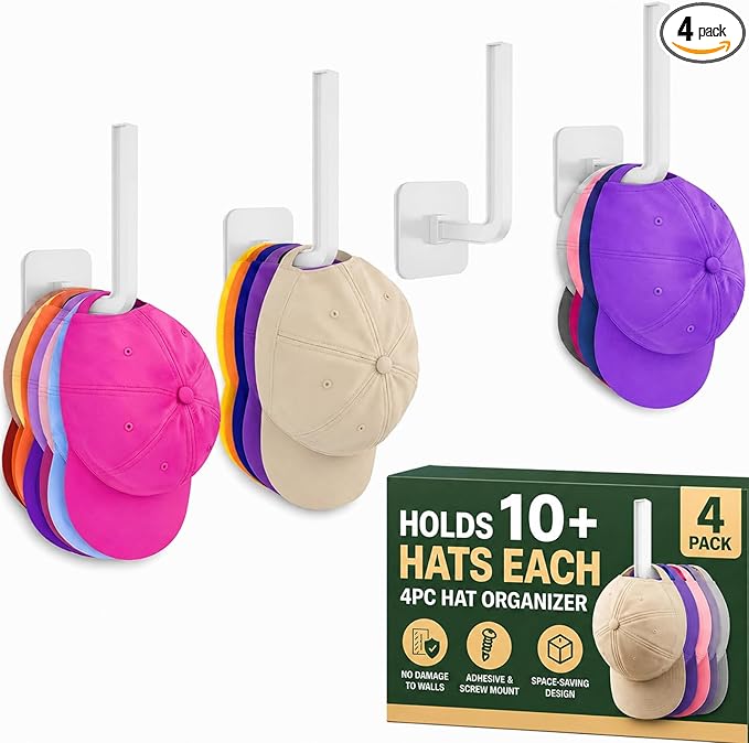Hat Organizer 4 Pack, Hat Rack for Baseball Caps Holds 10+ Caps Each, Hat Hooks for Wall, Strong Adhesive & Screw Mount Hat Holder, Space Saving Storage for Closet Door Bedroom, RV Accessories, White