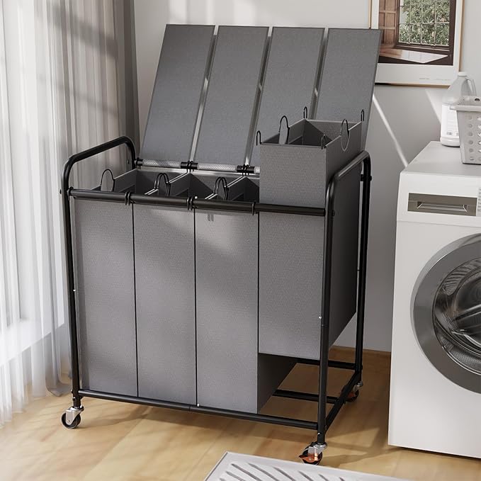 180L Laundry Sorter 4 Section – Heavy Duty Rolling Laundry Basket with Lockable Wheels and Lid, 4 Large Separate Removable Bags, Laundry Hamper Cart for Laundry Room Organizer (Grey)