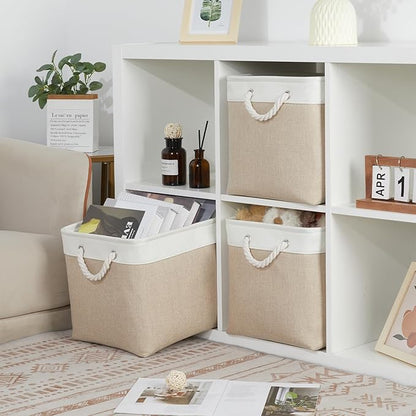 Bidtakay Large Storage Baskets for Organizing Fabric Closet Organizers Storage Bins with Handles 3-Pack 16x11.8x11.8 Inch Collapsible Baskets for Shelves Clothes Home Organization L-White&Beige