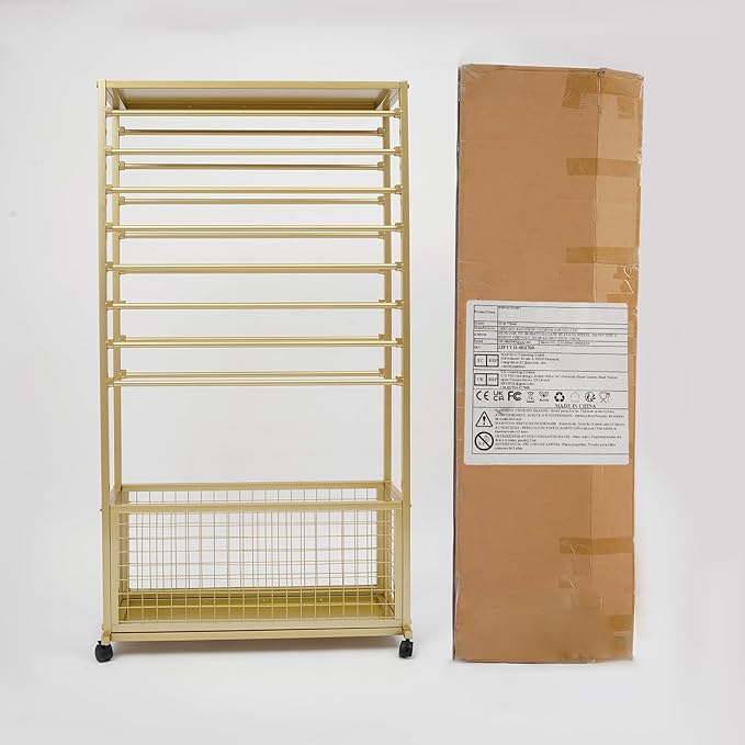 Commercial Ribbon Holder Organizer w/ 16 Rods & Locking Wheels - 59" Mobile Craft Storage for Florists, 4-Tier w/Mesh Basket (Gold, 31.5 * 12.6 * 59.06in)