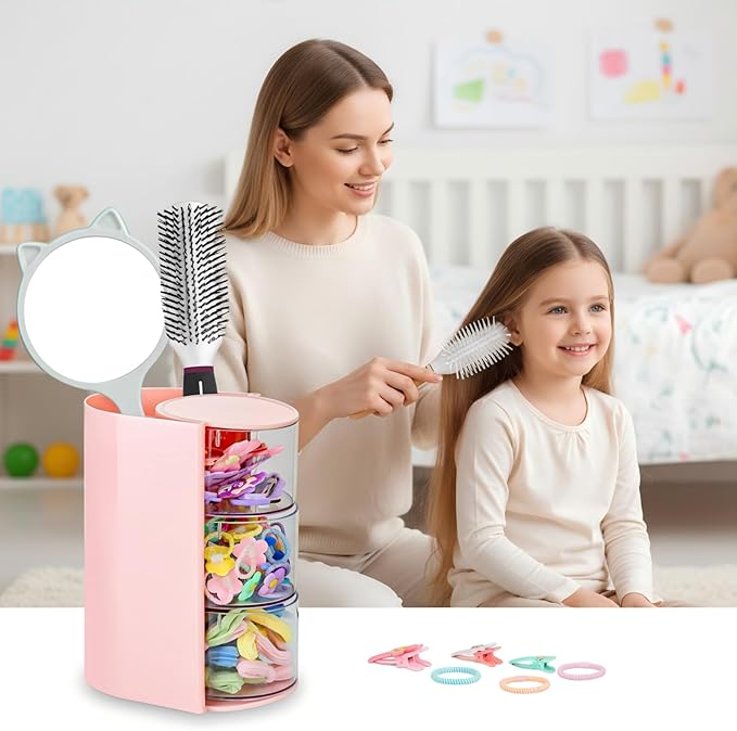 Luscinia Hair Accessories Organizer with Hair Brush Holder, Rotatable Makeup Brush and Jewelry Storage Box for Hair Clips, Earrings, Necklaces, Bracelets, Rings, and Daily Accessories (Pink, 3-Layer)
