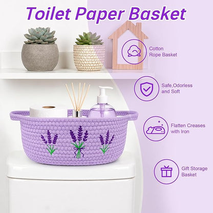 Lavender Toilet Paper Basket–Woven Rope Beautiful Lavender Bathroom Decor Organizer Toilet Tank Decorative Storage Basket, Oval Shelf Bin with Handle,Flower Wedding Paper Holder, 12" D x 5" H
