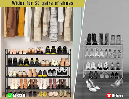 MISSLO 4 Tier Long Shoe Organizer for Closet Shoe Rack for Bedroom Closet Floor Shoe Shelf for Entryway Storage Stackable Wide Shoe Shelf Stores 30 Pairs of Men Sneakers, Black