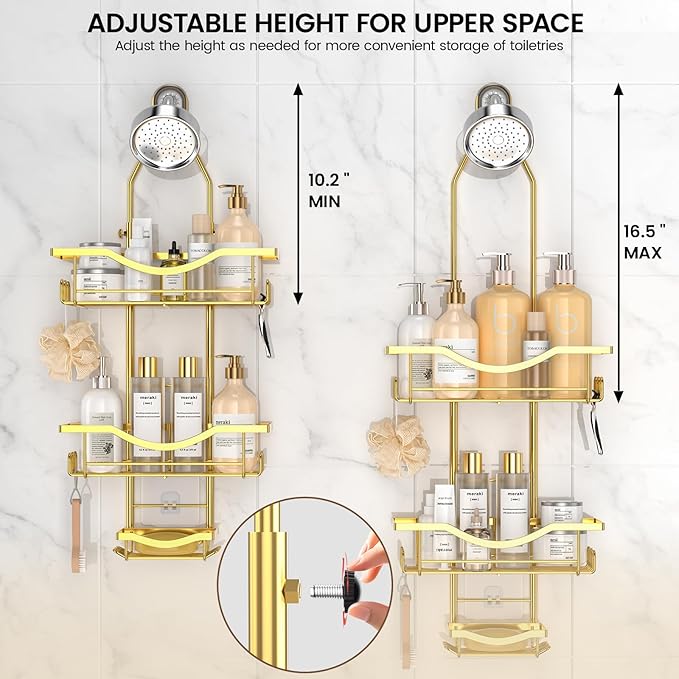 Shower Caddy Hanging Adjustable Shower Caddy, Rustproof Shower Organizer Extended Length Showers Caddy Over Shower Head with Hooks Soap Holder, Large Capacity Anti-Swing Bathroom Organizer, Gold