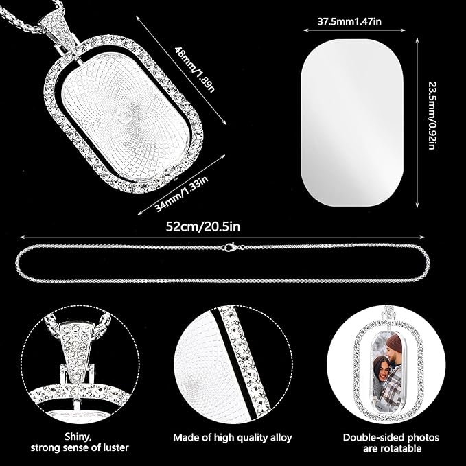 48 Pcs Sublimation Rhinestone Trays Pendant Set, Including 12 Double Sided Blank Rhinestone Bezel Trays, 12 Pcs Thick Chains with 24 Sublimation Discs for Making (Silver)