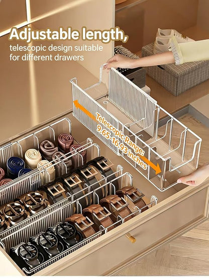 Belt Organizer-2 Pack，Lingerie Organizer for Drawer，Clear Extendable Stackable Storage Bin，for Wardrobe Drawers, Stores Belts Ties Underwear Face Masks