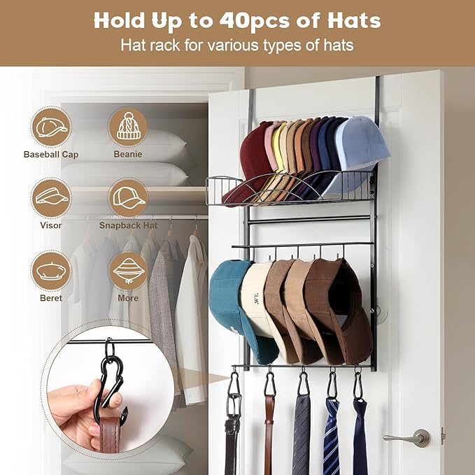 Metal Over Door Hat Rack for Baseball Caps- 3 Tier Wall Mounted Hat Rack with a Metal Basket, 5 Hooks and 5 Movable Hooks Design, Holds up to 40 Caps for Door, Bedroom & Closet
